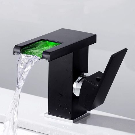 Rubinetto da bagno moderno a cascata, nero, LED resistente, acqua calda e fredda regolabile. (1/3)