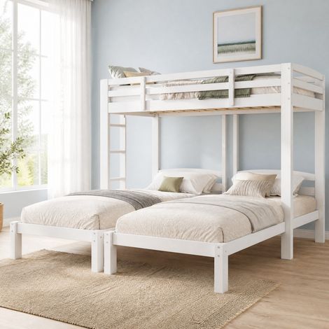 Cama litera triple 90x200 cm de madera maciza blanca con escalera lateral y barandilla alta (1/5)