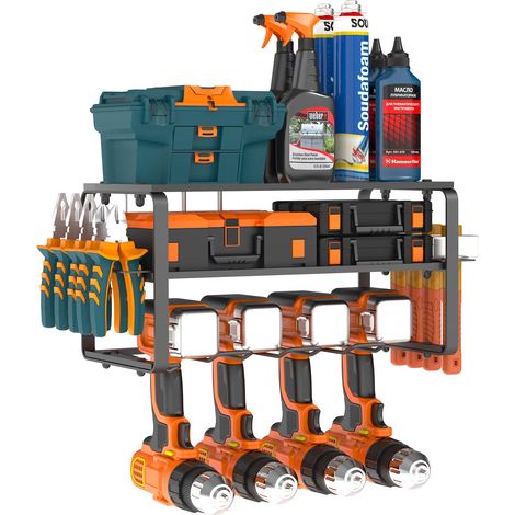 Organiseur d'outils électriques, 3 couches pour 4 supports de perceuse, support mural robuste avec support de tournevis latéral (1/5)