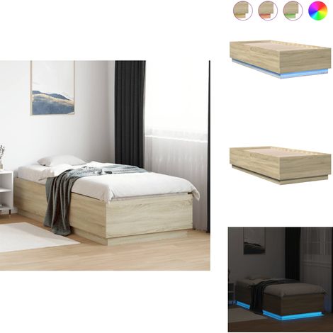 Bettgestell mit LED Sonoma-Eiche 90x200 cm Holzwerkstoff - Holzbettfassungen - Bettsystem - Lattenrost - Schlafzimmermöbel - SONOMA EICHE (1/5)