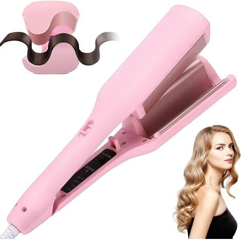 Fer à friser à grosses ondulations, fer à friser pour boucles françaises, fer à friser pour boucles françaises de 32 mm, fer à friser à température réglable, chauffe en 30 secondes (rose) (1/5)