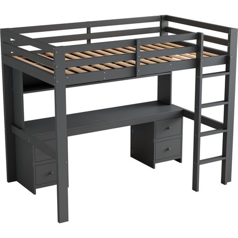 Cama alta infantil 90 x 200 cm gris con escritorio y almacenaje HOMVRA (1/5)