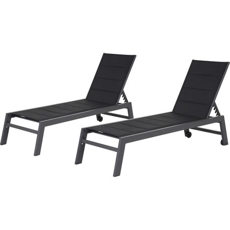 Happy Garden – Lot de 2 bains de soleil inclinables en textilène noir – Structure en aluminium gris anthracite – Dossier réglable sur 5 niveaux