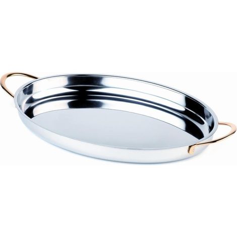 Plat de service, 26,5 x 19,5 cm, hauteur 3 cm, acier inoxydable poli, poignées en acier inoxydable doré