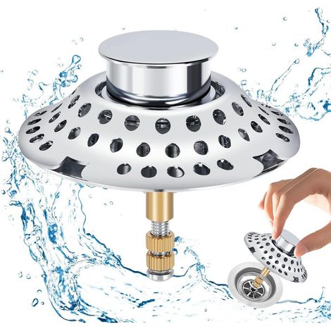 Bonde de baignoire 2 en 1 avec filtre à cheveux, filtre de vidange, récupérateur de cheveux, bonde de baignoire réglable en hauteur, surface de vidange en laiton chromé, acier inoxydable (1/5)