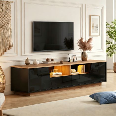 Meuble TV LED 180 x 40 x 46 cm avec 2 tiroirs, 2 portes, niches ouvertes, finition brillante, noir et bois (1/5)