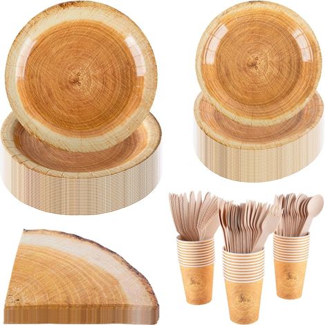 Service de table de fête effet bois pour 30 invités - Assiettes, gobelets, serviettes et couverts en bois de 23 cm et 18 cm - Pour mariage, pique-nique, anniversaire, fête de Noël (1/5)