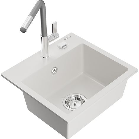 Mexen Milo lavello da cucina in granito 1-vasca con miscelatore Flora, bianco - 6505-20-670401-06 (1/5)