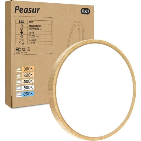 Plafonnier LED, 15W 1500LM Luminaire Plafonnier Salle de Bain, IP54 Etanche & 5 Couleurs, Lampe Plafond Rond pour Cuisine, Chambre, Couloir, Garage, Bois (1/5)