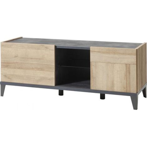 Sideboard 140 cm Eiche und Grau mit Klapptür und offenem Fach mit Glasablage - Viareggio