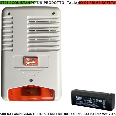 Sirena Allarme Con Lampeggiatore a Led da Esterno Melodia Bitono Frequenza 1724/2475 Hz 110 dB Assorbimento 1,5 Ah Batteria 12 V 2 Ah Selezionata Comando a Caduta +/- Tamper Led Segnale Stato Impianto (1/3)