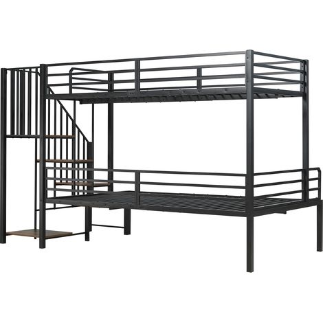 Lit superposé en métal et MDF noir avec escalier d'angle et rangement, 90x200 cm / 120x200 cm (1/5)