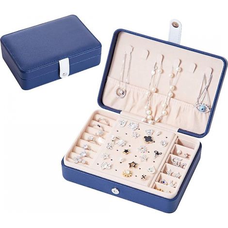 BEBUSINGOTO Boîte à bijoux, rangement de bijoux à deux niveaux, portable pour ranger vos bagues, boucles d'oreilles, colliers (bleu marine) (1/5)