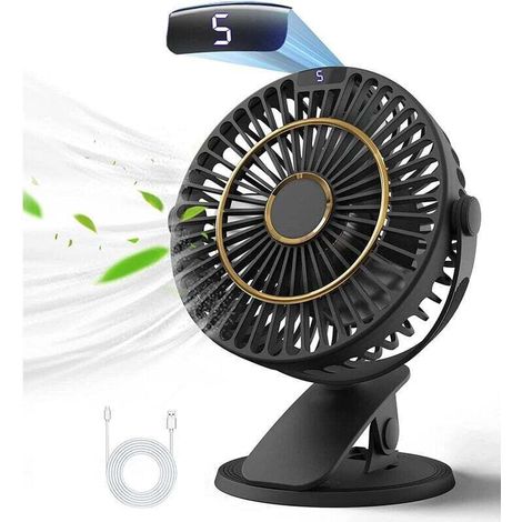 Ventilateur de Table Rechargeable,Mini Ventilateur USB avec Écran LCD,5 Vitesses,Rotation 720°,Ventilateur Portable,Ventilateur Silencieux pour Bureau/Maison/Camping avec Câble de 1.2 m - Noir (1/4)