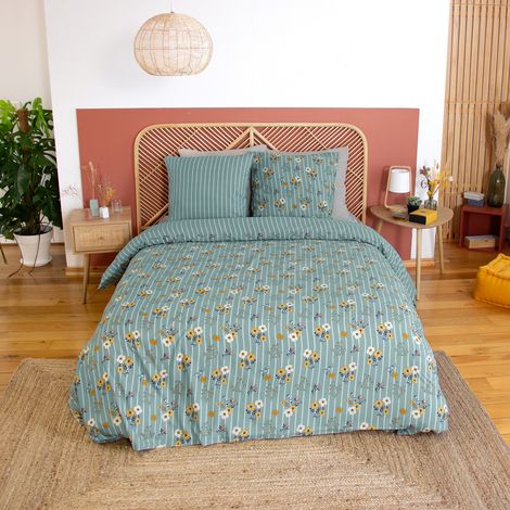 Parure de lit 220x240 cm - COTE DECO - Imprimé floral et rayé - Microfibre - 3 pièces - Lavable à 40°