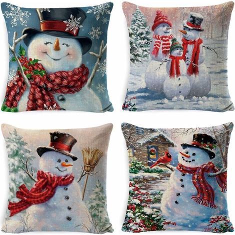 4pcs Taie d'oreiller de Noël Lin de Coton Housses de Coussin Dessin Animé Mignon Décoration de Noël d'oreiller 45x45cm pour Les Voitures Les Canapés (1/5)