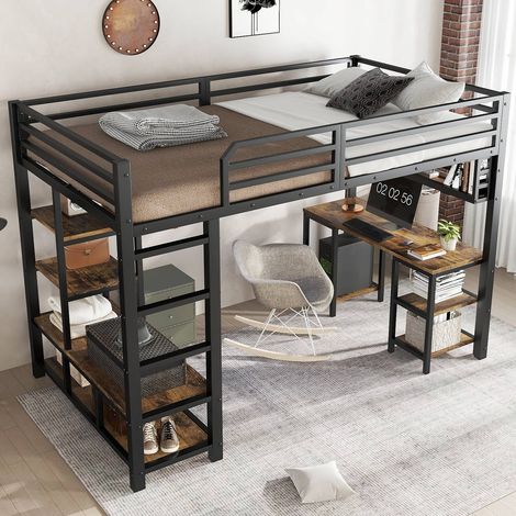 Lit mezzanine métal 120x200 cm avec bureau, étagère et échelle 4 marches, sommier noir robuste (1/5)