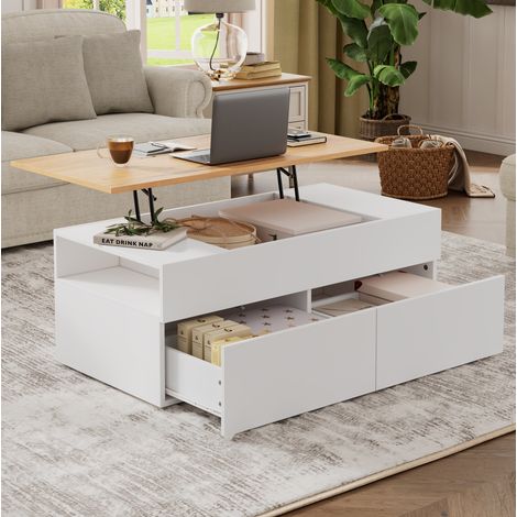 Table basse en panneaux de particules blanc 100 x 50 cm, plateau relevable avec 2 tiroirs et rangement (1/5)