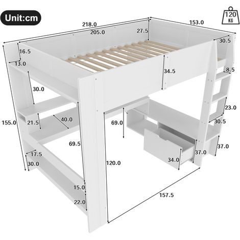 Hochbett Doppelbett mit Schreibtisch, LED in 16 Farben, Schublade und Regalen 140×200 cm, ohne Matratze, Weiß (1/4)