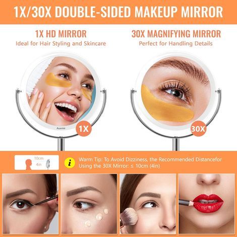 Miroir Maquillage Grossissant 1X et 30X Double Face, Miroir de Table avec Support Rotation à 360°, Pivote à Deux Côtés pour Chambre et Salle de Bain, Diamètre 17cm (1/4)