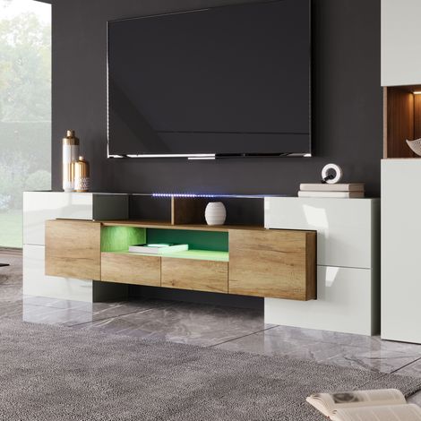 Meuble TV 200 cm LED, blanc brillant, MDF et panneau de particules, DESVIAE (1/5)