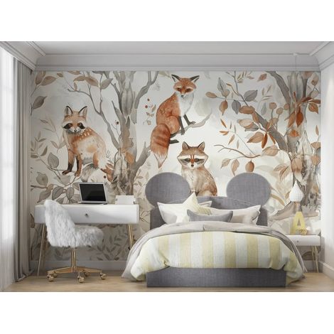 Papier Peint Forêt - Renards Curieux - 500 x 270 cm (1/2)