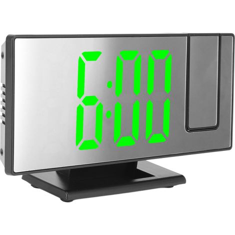 Réveil numérique à projection, chargement USB, gradation automatique, écran miroir LED, horloge électronique pour chambre, coque noire, lumière verte (1/5)