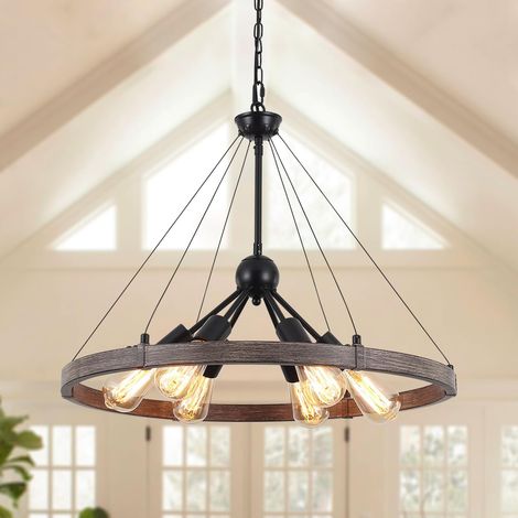 Lustre En Roue De Chariot, 6 Lumières Suspension Noir Luminaire Plafonnier Vintage Lustre Pour Salon Cuisine Couloir Chambre à Coucher, Réglable En Hauteur (1/5)
