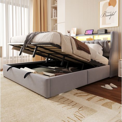 DESVIAE Lit double rembourré 180 x 200 cm avec rangement hydraulique tête de lit rabattable avec étagères prise USB Type C LED gris clair (1/5)