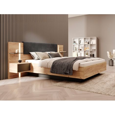 Lit coffre avec chevets 160 x 200 cm - Avec LEDs - Coloris : Naturel et anthracite - ELYNIA (1/4)