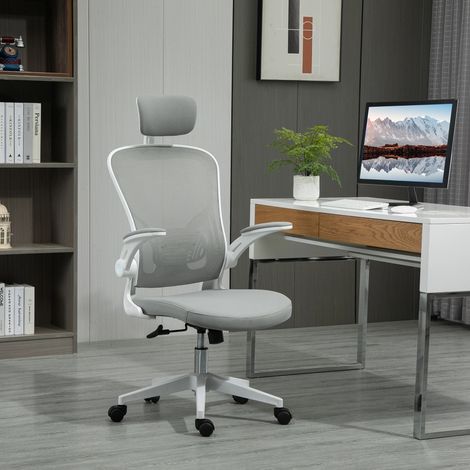 Silla de Oficina Ergonómica con Reposacabezas Regulable, Apoyo Lumbar, Balanceo y Reposabrazos Elevables, Plástico Gris (1/5)