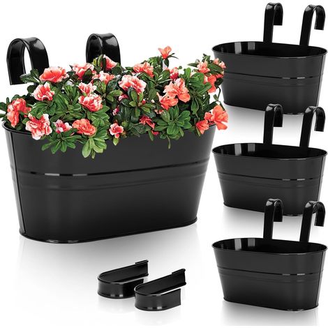 4 Pièces Pots de Plantes Suspendus en Métal, Jardinières Suspendues de Clôture Noire Support de Pots de Fleurs Grands Jardinières de Balcon pour Balustrade de Jardin Extérieur Décoration de Maison ave (1/5)
