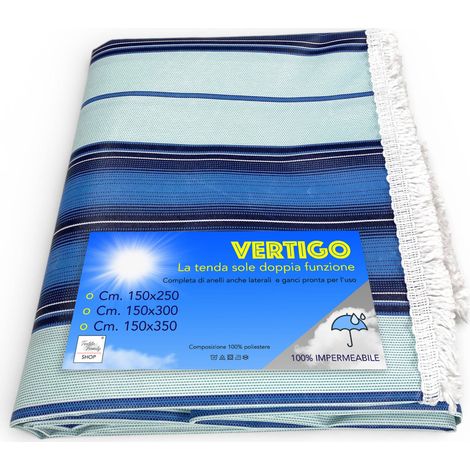 Tenda da Sole Vertigo Tex Family Righino Blu 100% Poliestere Impermeabile Idrorepellente Tinto Filo Occhielli Acciaio Frangia Cm. 150x250