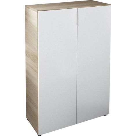 Mehrzweck-Kabinett Olathe, Beistellschrank mit 2 Türen, Niedriger Schuhschrank mit 6 Regalen, Niedriger Schuhschrank, cm 70x36h103, Eiche und Weiß (1/4)