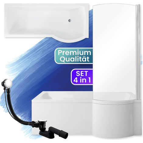 Badewanne Rechteck 160x70 Rechts + Glasabtrennung, Ablaufgarnitur & Füßen GRATIS - Komplettset 4in1 Original Acryl Wanne Siphon - BADLAND INSPIRO (1/5)