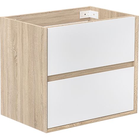 Meuble sous vasque suspendu 60 cm + 2 tiroirs, Blanc et Chêne, sans compter lavabo
