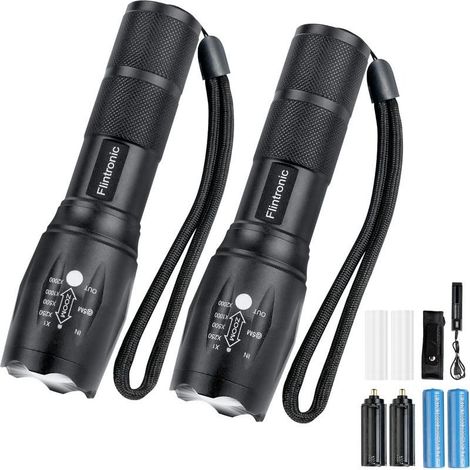 Lampe Torche LED Ultra Puissante, 2PCS Lampe de Poche 3500Lumens avec 2 Piles 18650, Chargeur USB et Holster,5 Modes, Étanche,Anti-Choc Zoom Longue Portée pour Bricolage,Camping,et Urgences (1/5)