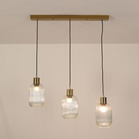 Goeco Minimalist 3-Light Glass Pendant Light, Brass Finish with Clear Glass Shades, 72cm Linear Suspension Lamp with E27 Lampholders for Dining Room Kitchen Island Living Room