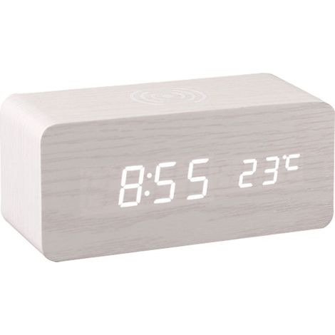 Réveil numérique en bois avec affichage électronique de l'heure à LED pour chambre à coucher, chargement sans fil 10 W, 3 réglages d'alarme, affichage de la date et de la température, blanc (1/5)