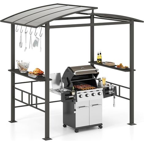 Abri Barbecue Exterieur Tonnelle Barbecue Exterieur Double Toit en Polycarbonate Anti-UV Cadre en Métal Étagères Crochets Pergola BBQ pour Jardin, Terrasse, Fête (1/5)