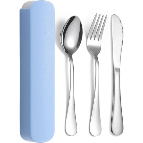 3 ensemble de couverts, Inox, Fourchette cuillère couteau, Boîte de rangement, Lavable lave-vaisselle, camping pique-nique voyage école bureau (1/5)