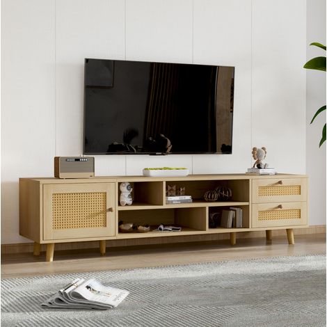 Mueble TV 160 cm con 2 cajones, 1 puerta, pasacables y decoración de ratán DESVIAE (1/5)