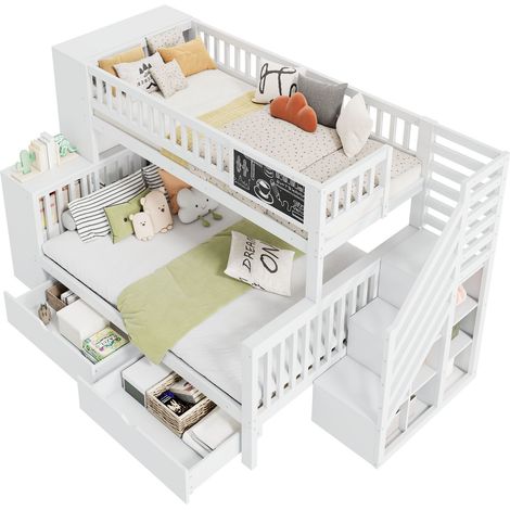 Lit superposé enfant en bois massif pin blanc 140x200 + 90x200 cm avec escalier rangements, tiroirs et tableau (1/5)