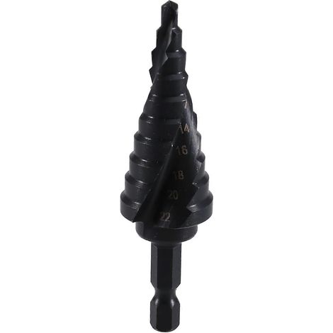 Forets étagés pour métaux, de 3/16 po à 7/8 po (12 tailles étagées). Forets à quatre goujures hélicoïdales en cobalt M35, forets étagés à queue hexagonale de 1/4 po. (1/5)