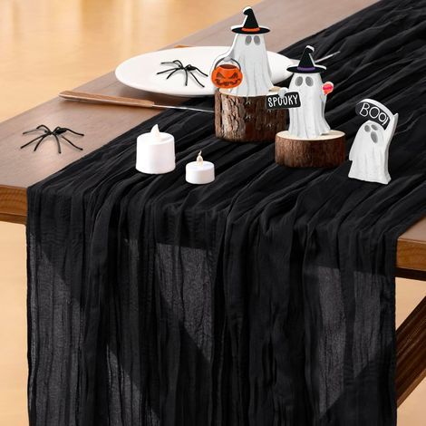 Schwarzer, rustikaler Tischläufer im Bohème-Stil aus Gaze, ideal für Halloween, Herbst und Thanksgiving (3 m), 3 m lang, aus Chiffon, für Hochzeiten, Babypartys, Geburtstage, Inneneinrichtung (1/5)