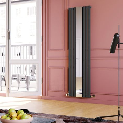 ELEGANT Vertical Mirror Radiator 1800 x 500mm Designer Anthracite Oval Column Panel Heating Rad with Angled Radiator Valves (1/5)