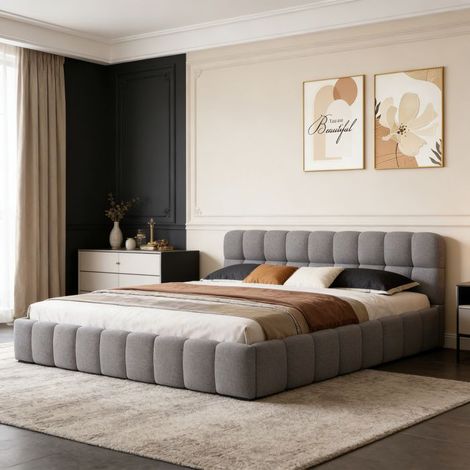 Struttura Letto 140x190 cm - Testiera imbottita - con Rete a Doghe, Tessuto in lino, senza Materasso, Grigio