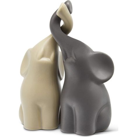 Affettuoso paio di elefanti, beige e grigio - scultura moderna in ceramica - set di statuette - statuette decorative alte 16 cm - affettuoso ornamento a forma di elefante (1/4)
