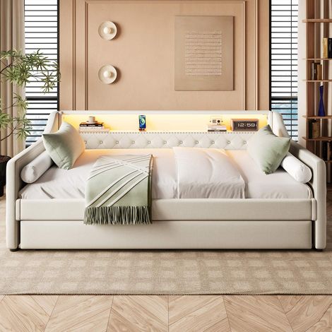 Lit banquette 90x200 cm beige en lin, lit canapé avec lit gigogne extensible, sommier à lattes inclus, LED, port USB, sans matelas (1/5)
