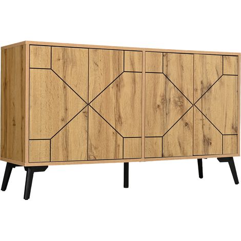 Buffet 4 portes effet chêne, rangement en MDF avec pieds métal noirs, ouverture par pression, 4 compartiments, 120 × 35 × 69 cm (1/5)
